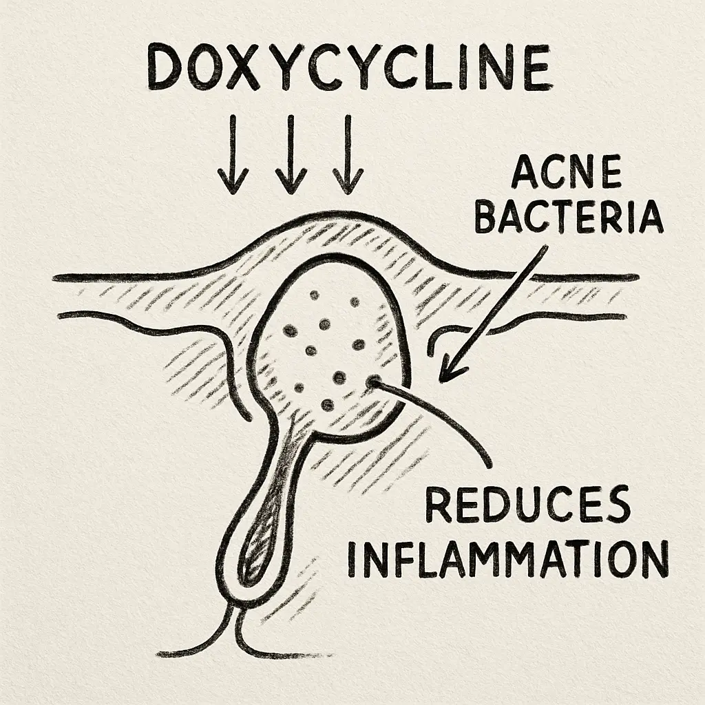 A simple drawing of a skin pore, showing how doxycycline helps reduce inflammation.