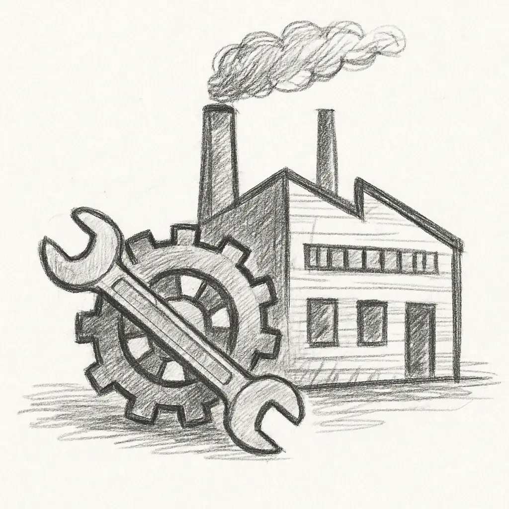 A simple sketch of a factory with a wrench in the gears, representing the doxycycline mechanism of action.